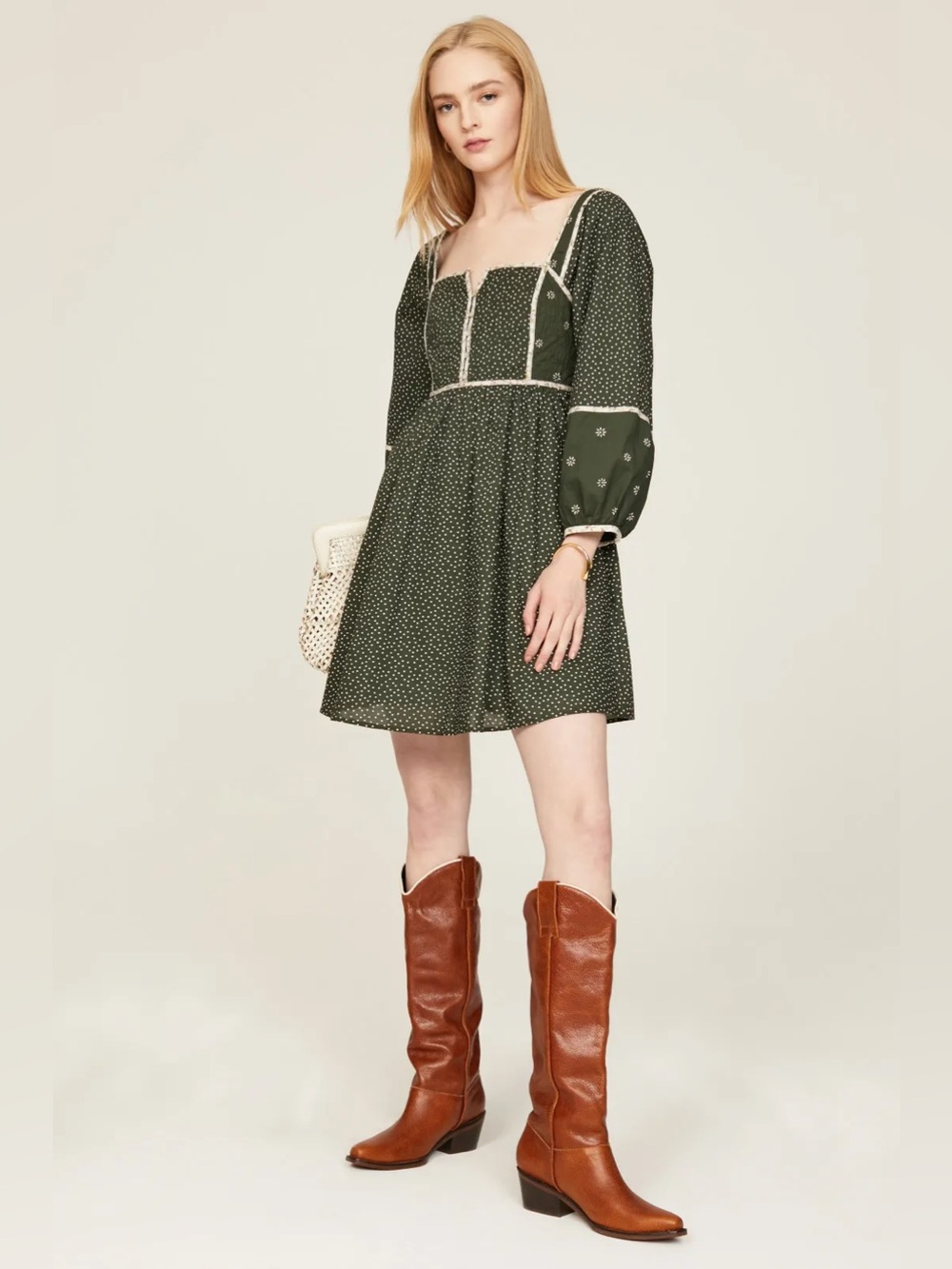 Madewell Square-Neck Green Mixed Media Mini Dress with Long Puff Sleeves